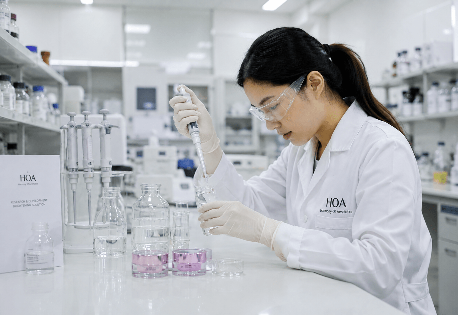 Chuyên gia nghiên cứu công thức chăm sóc da trong phòng thí nghiệm sáng màu